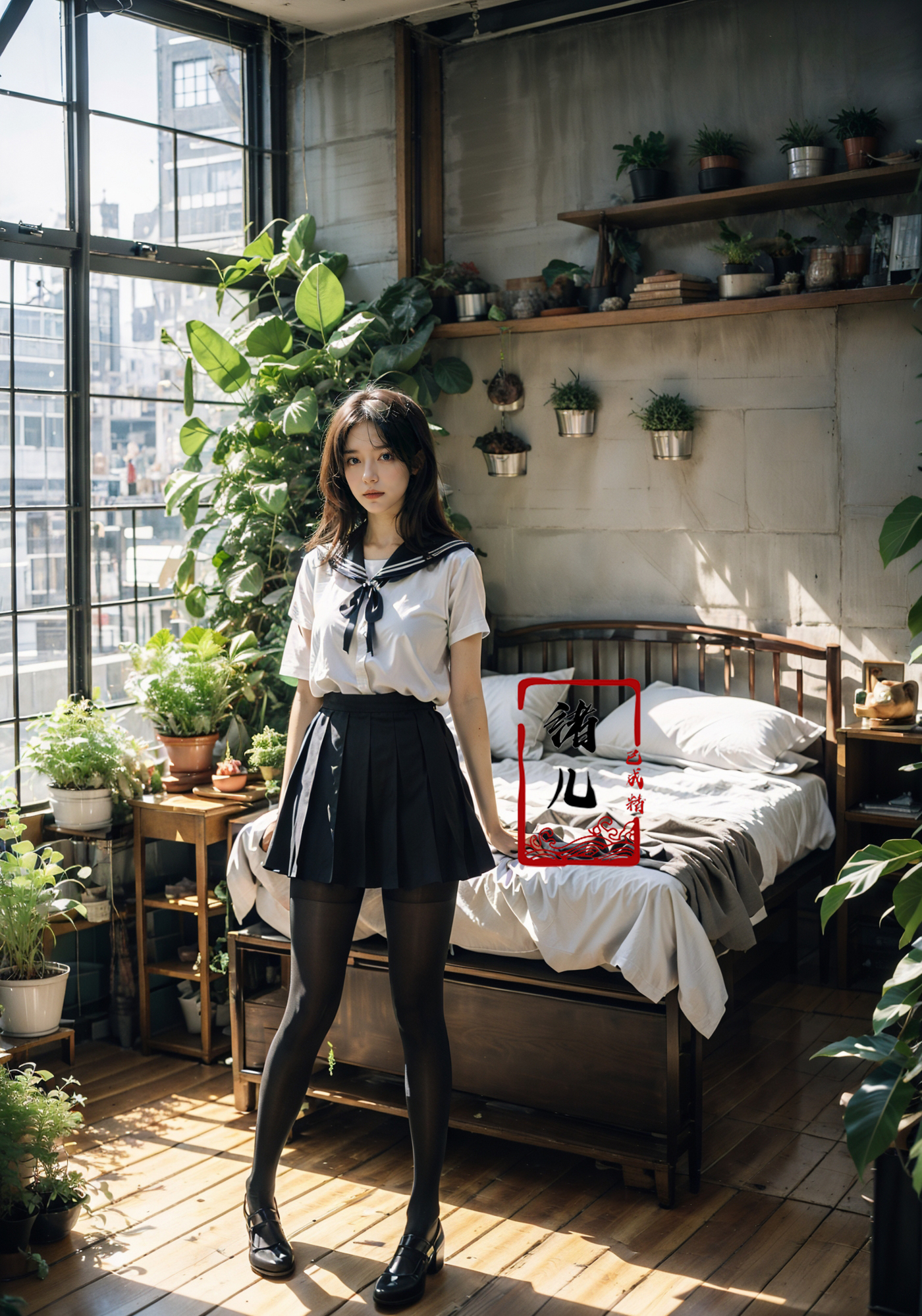 606247209521969375-2194350402-Epic CG masterpiece, an anime girl in a room with plants, no shoes, Black transparent pantyhose, pleated skirt, Sailor suit, sai.jpg